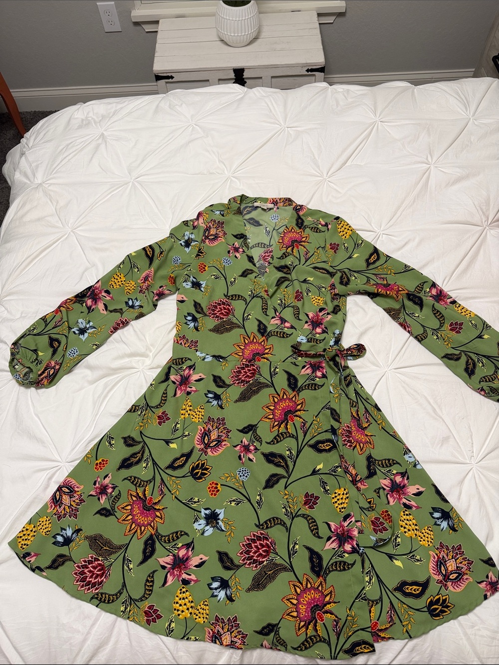 LOFT Olive Green Floral Wrap Dress